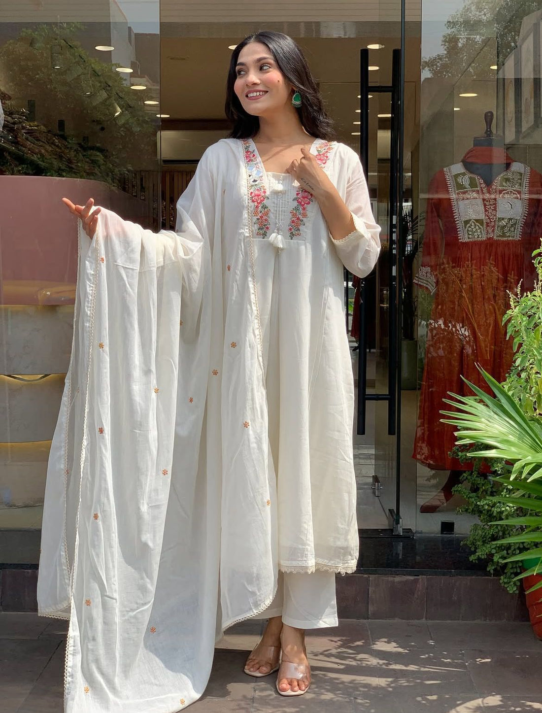 Timeless Ivory Anarkali Set with Floral Threadwork