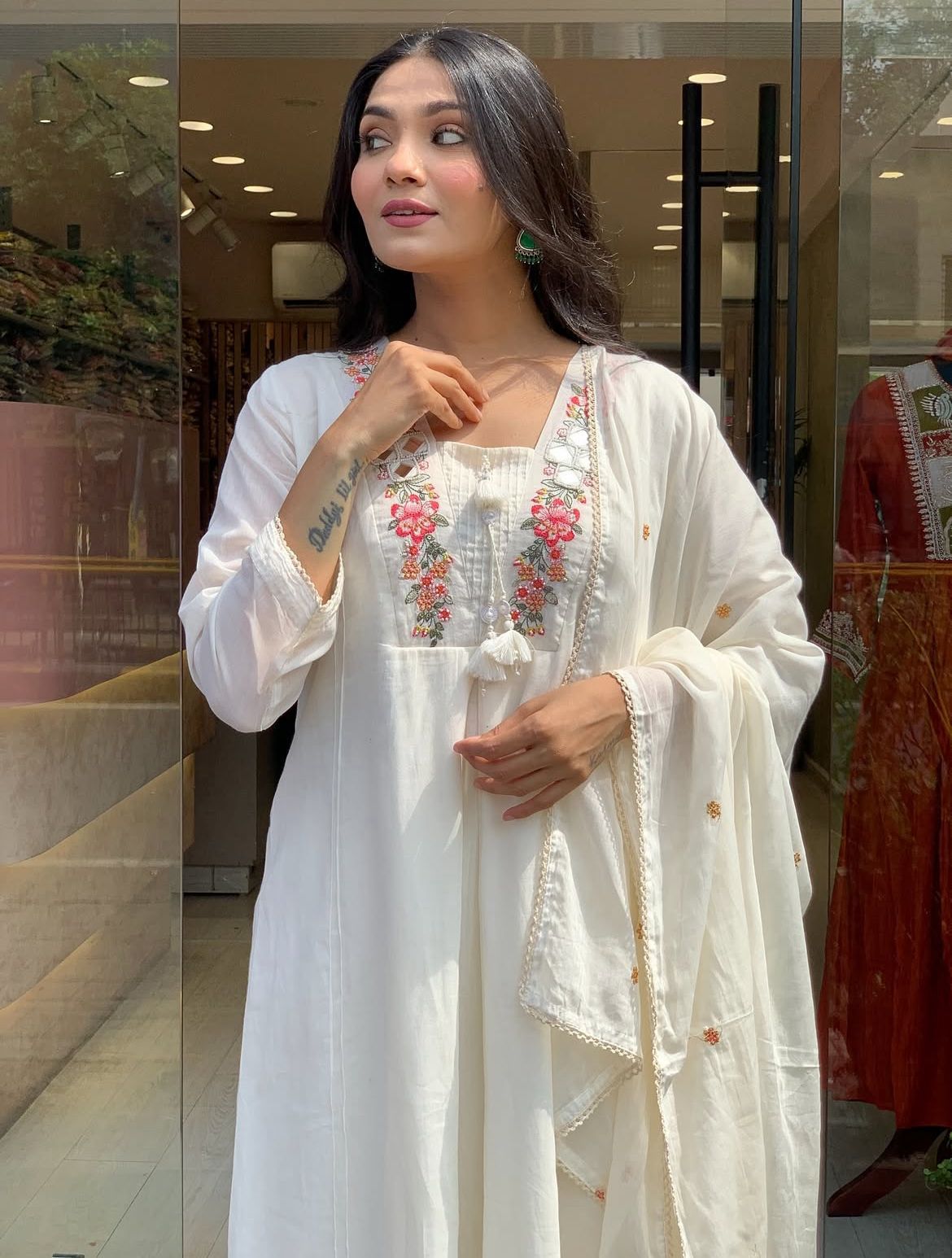 Timeless Ivory Anarkali Set with Floral Threadwork