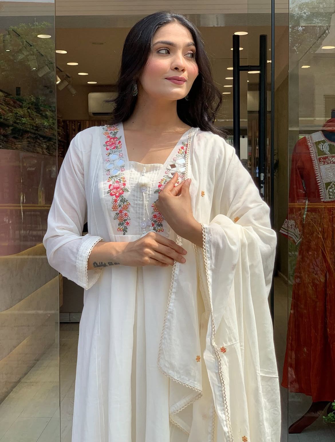 Timeless Ivory Anarkali Set with Floral Threadwork