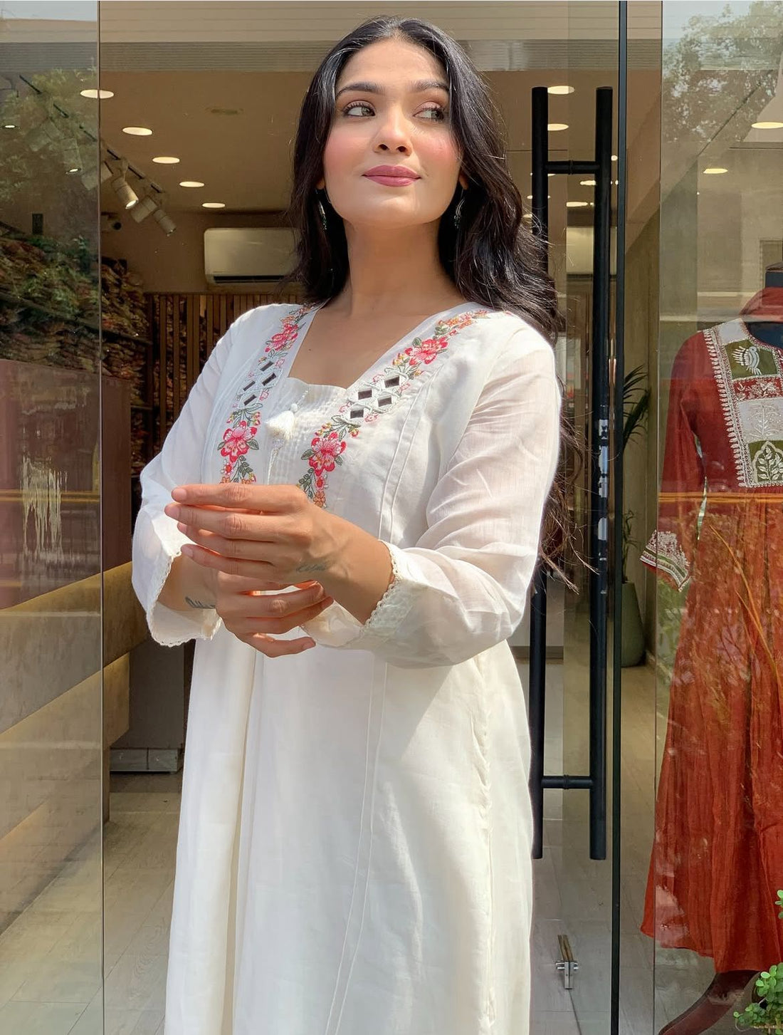 Timeless Ivory Anarkali Set with Floral Threadwork