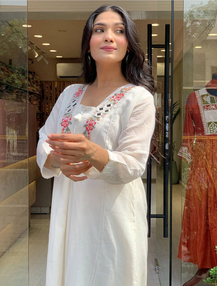 Timeless Ivory Anarkali Set with Floral Threadwork