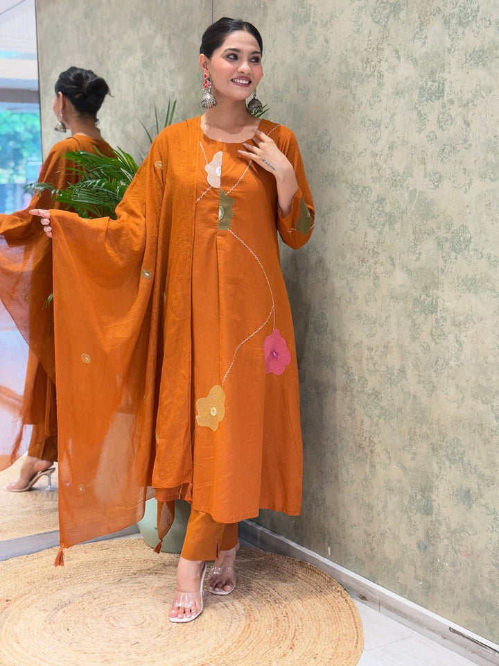 Saffron Sunset: Handcrafted Appliqué Floral Kurta Set