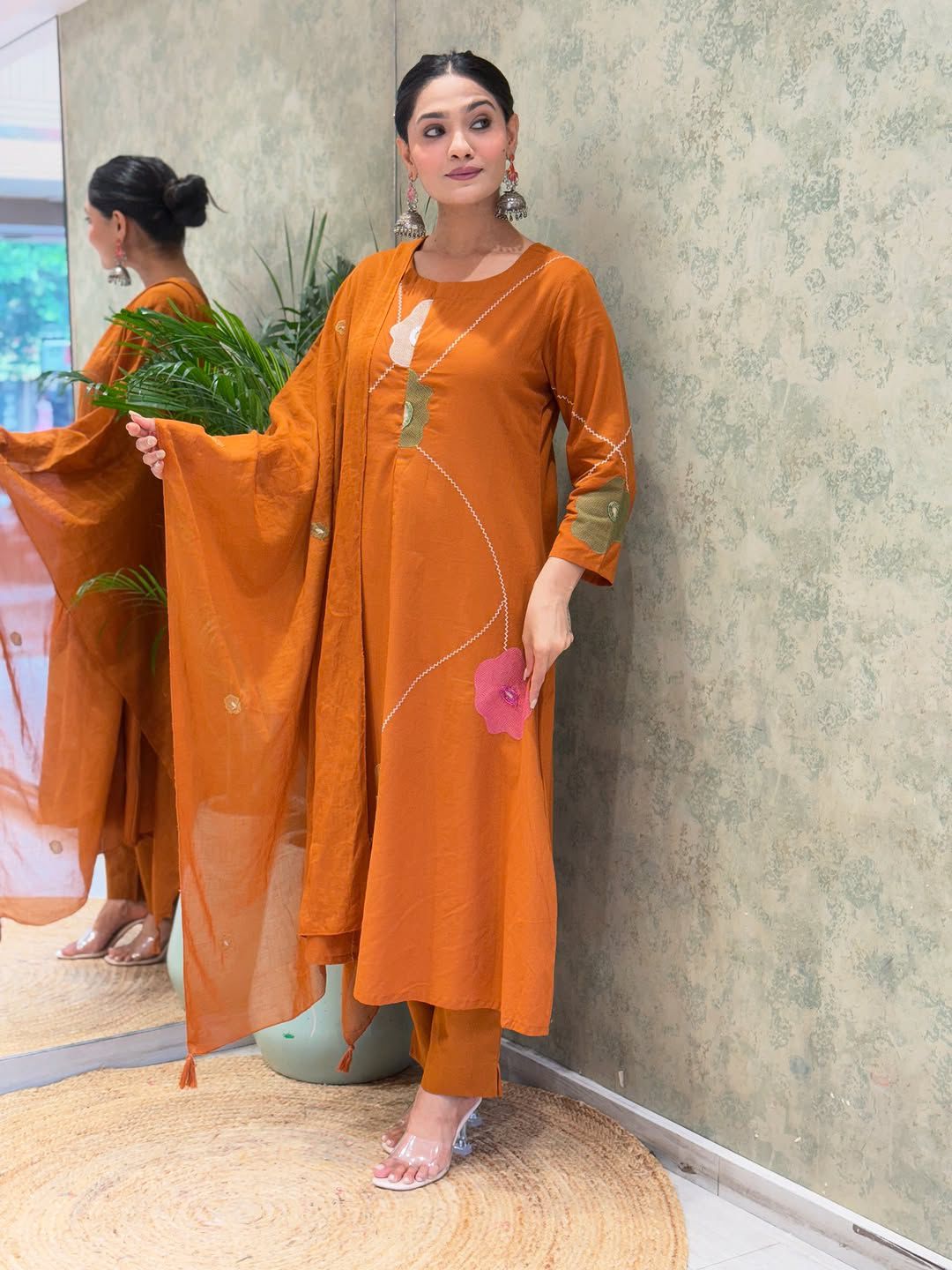 Saffron Sunset: Handcrafted Appliqué Floral Kurta Set