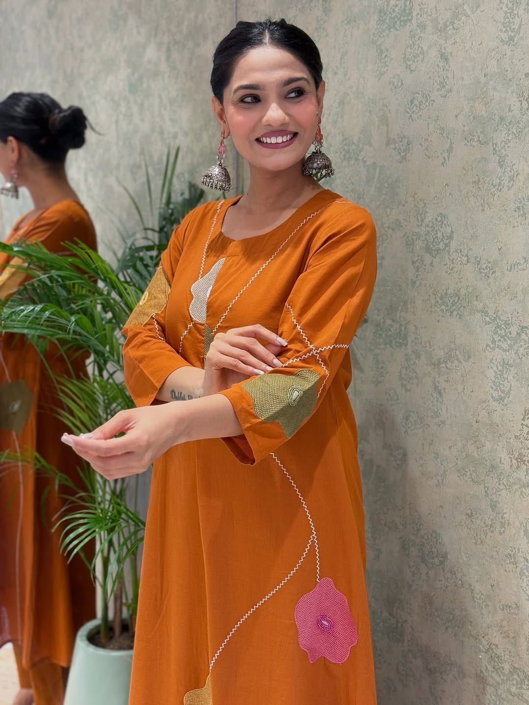 Saffron Sunset: Handcrafted Appliqué Floral Kurta Set
