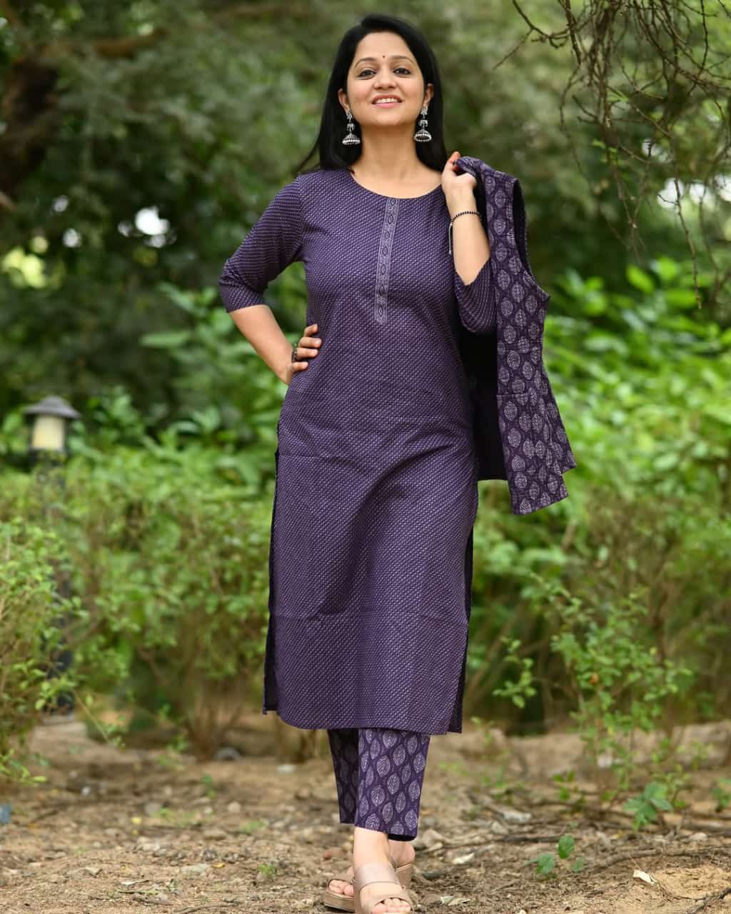Modern Layered Purple Print Kurta Set with Jacket