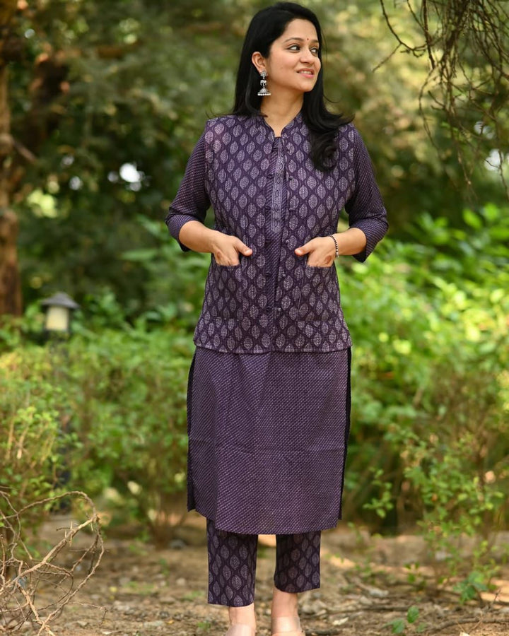Modern Layered Purple Print Kurta Set with Jacket