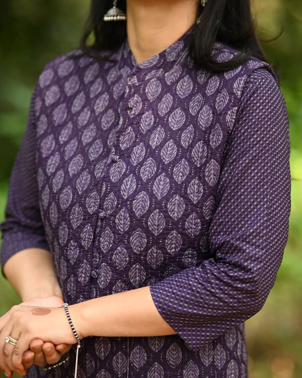 Modern Layered Purple Print Kurta Set with Jacket