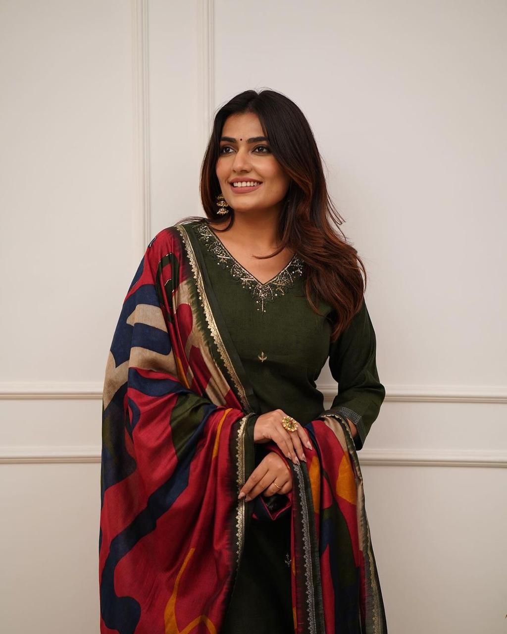 Embroidered Straight Suit Set with Floral Dupatta