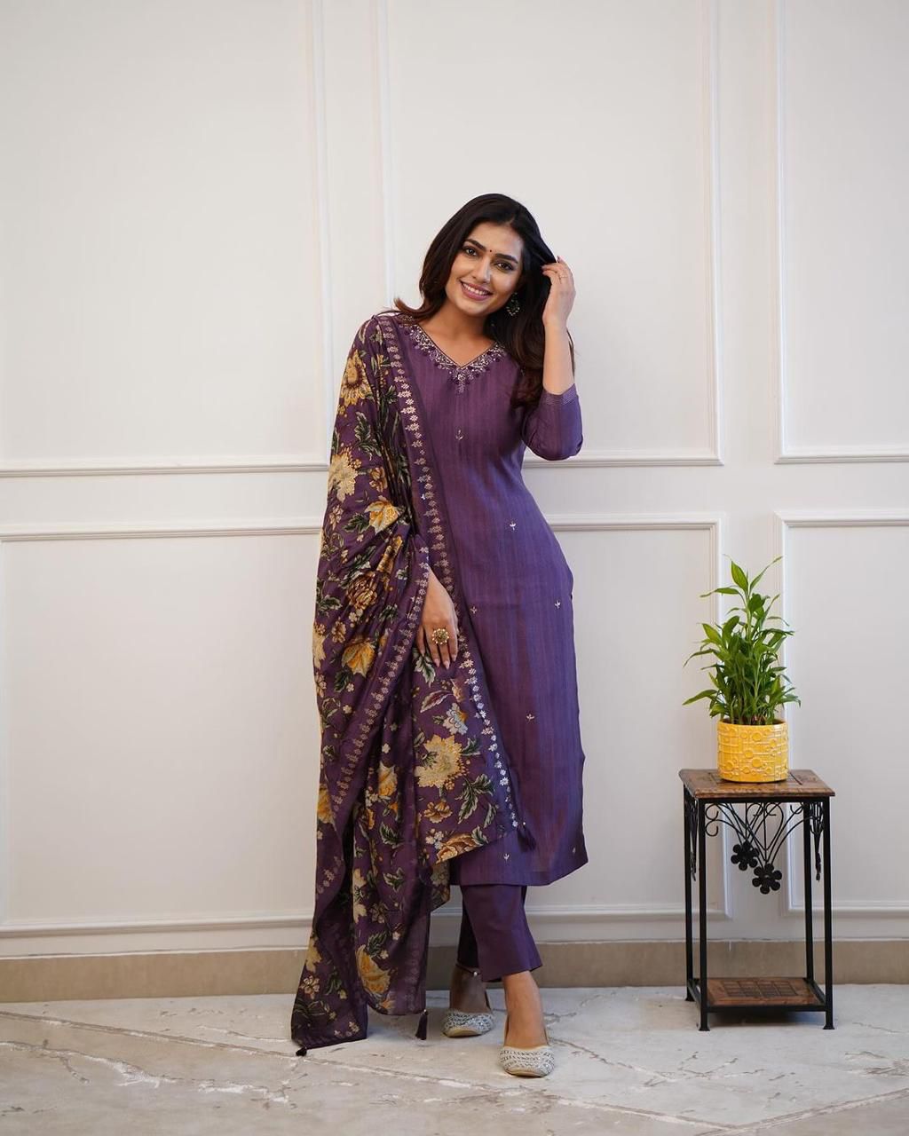 Embroidered Straight Suit Set with Floral Dupatta