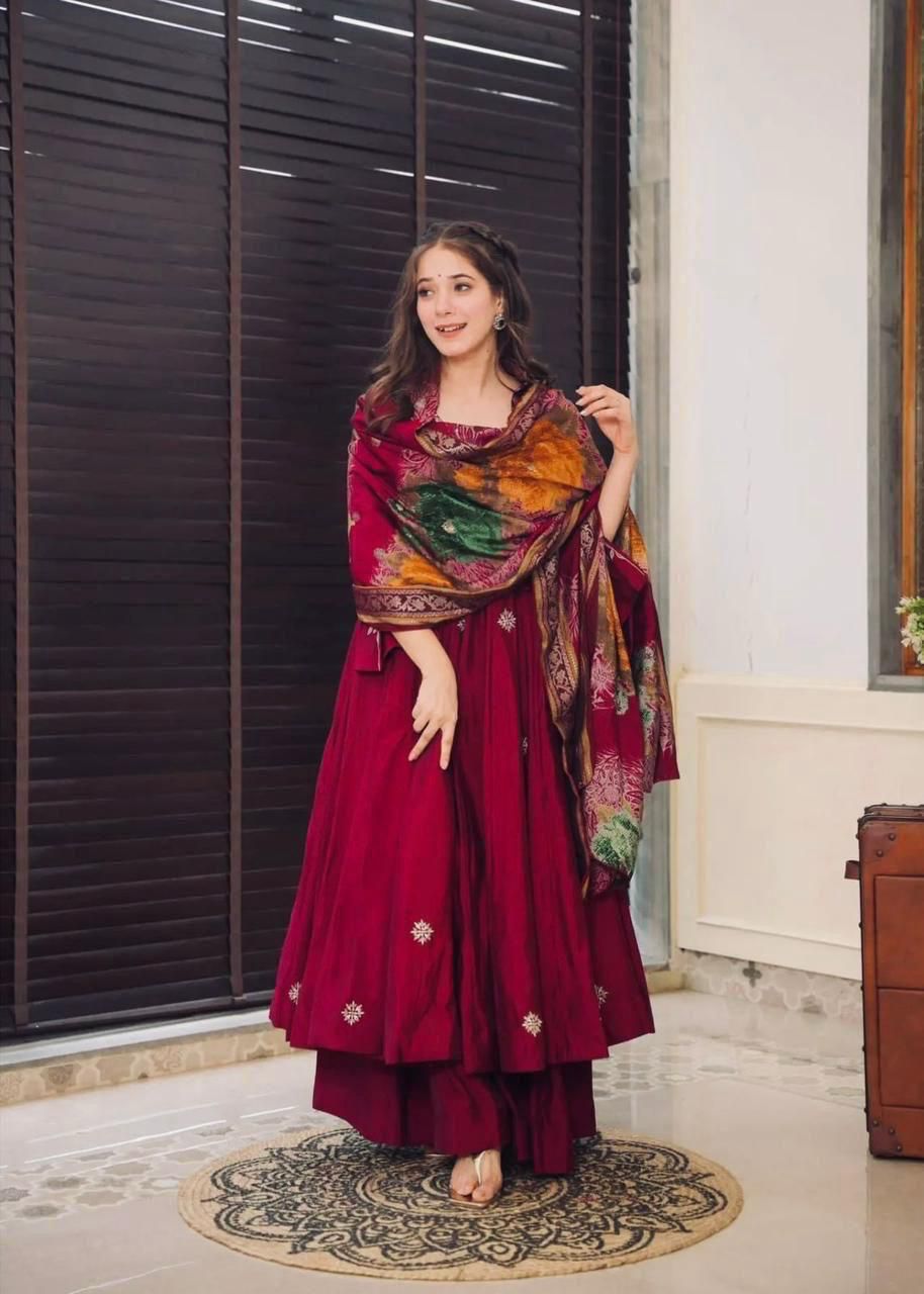 Maroon Floral Anarkali Kurta Set with Printed Dupatta