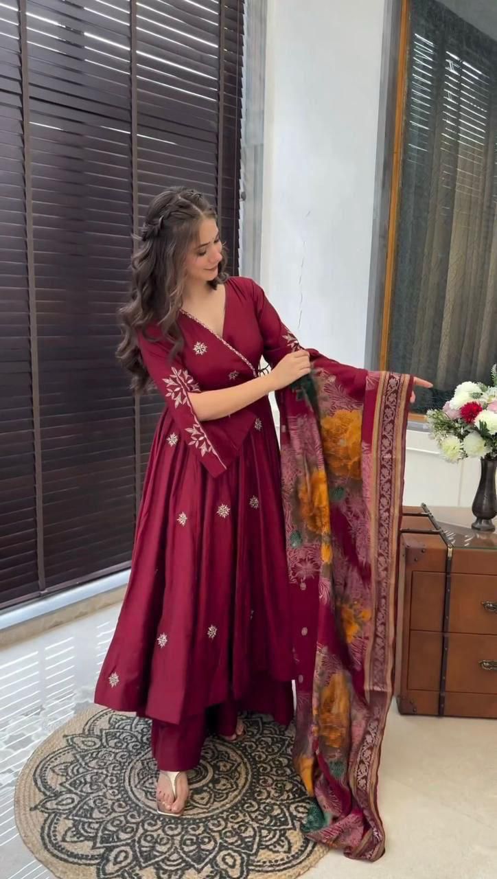 Maroon Floral Anarkali Kurta Set with Printed Dupatta