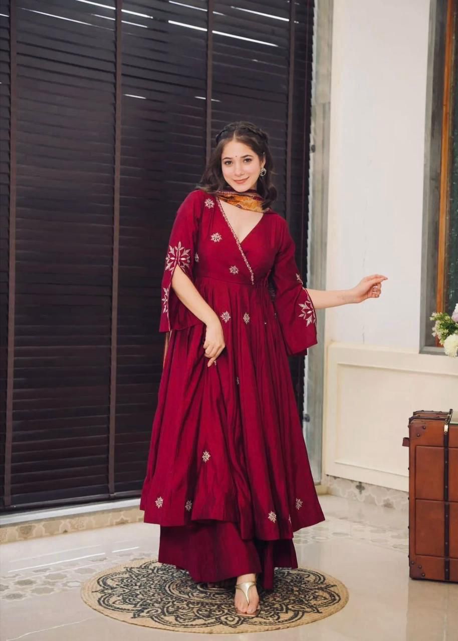 Maroon Floral Anarkali Kurta Set with Printed Dupatta