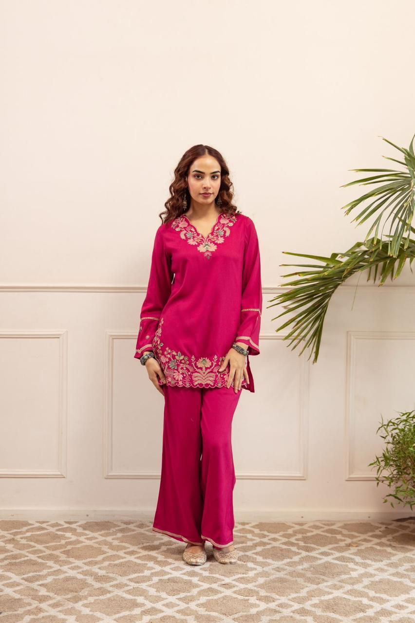 Embroidered Short Kurti with Flared Palazzo Set