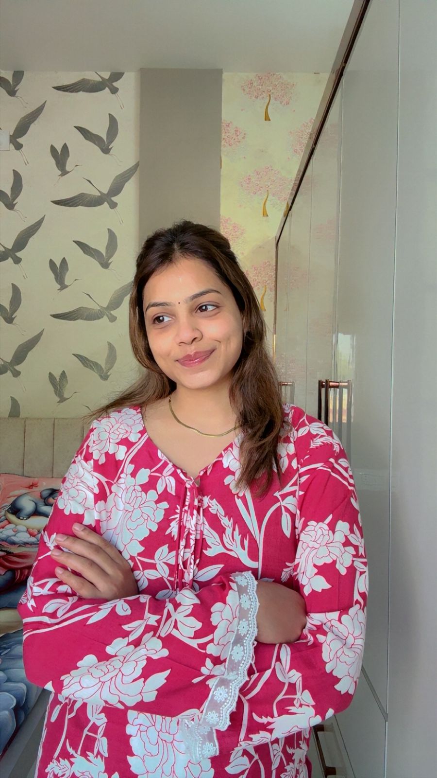 Pink Floral Printed Cotton Short Kurti with Lace Detailing