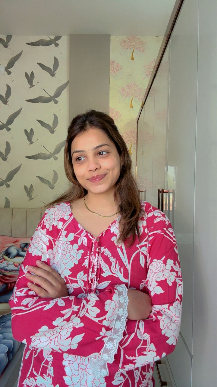 Pink Floral Printed Cotton Short Kurti with Lace Detailing