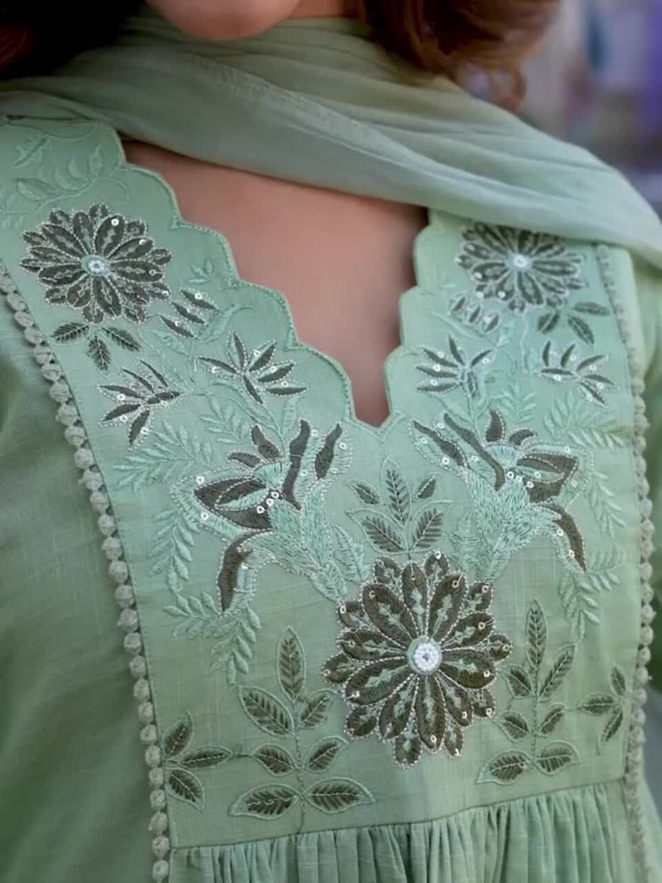 Sage Green Embroidered Kurta Set with Dupatta – Elegant Ethnic Wear for Women