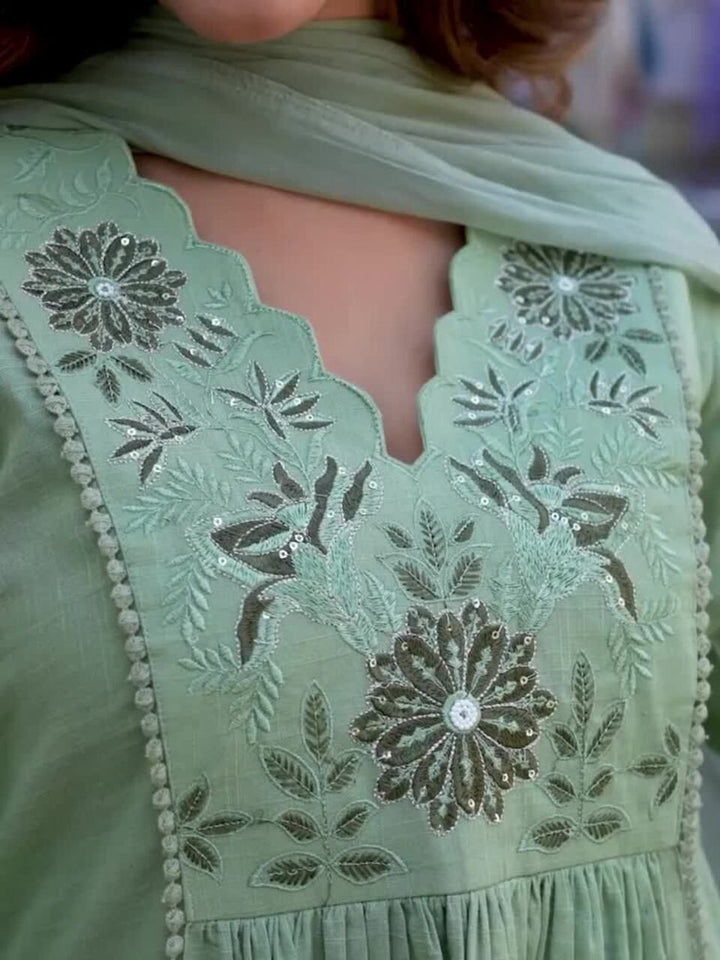 Sage Green Embroidered Kurta Set with Dupatta – Elegant Ethnic Wear for Women