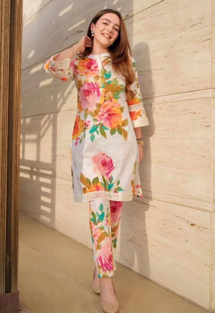 White Floral Printed Kurta Pant Set for Women – Summer Ethnic Wear