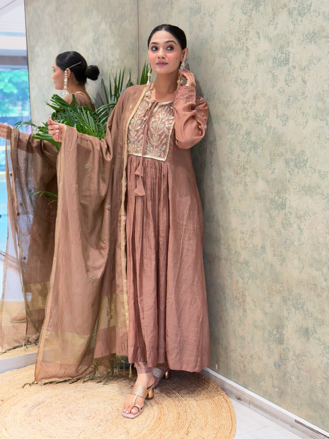 Brown Silk Anarkali Kurta Set with Embroidered Yoke & Dupatta