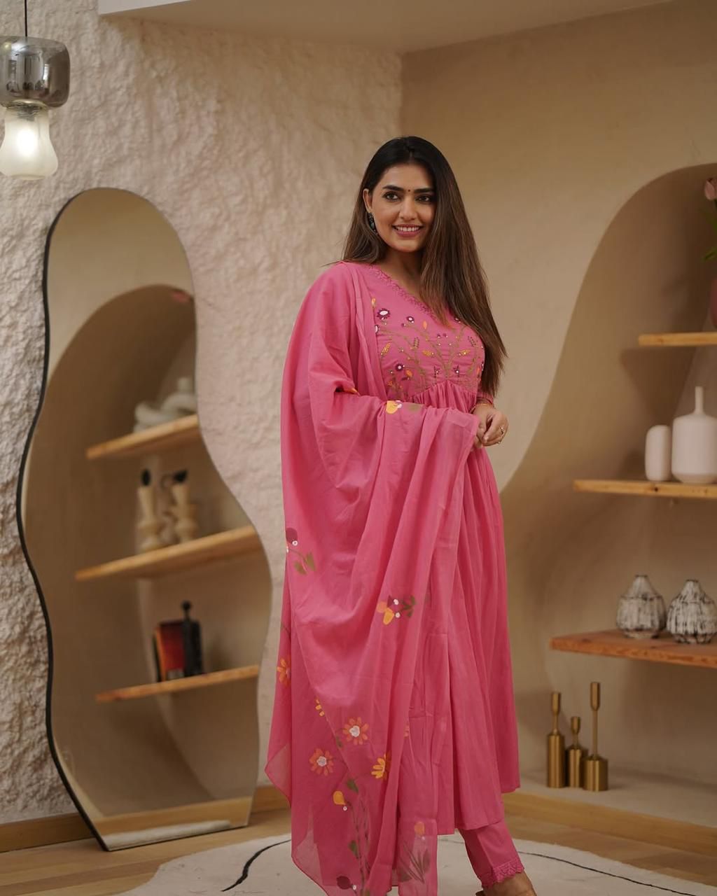 Pink Embroidered Anarkali Kurta Set with Floral Dupatta