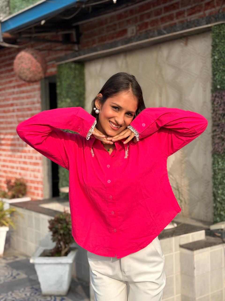 Hot Pink Women’s Designer Shirt with Lace Detail | Casual & Office Wear Shirt for Women | Rasika by Nidhi