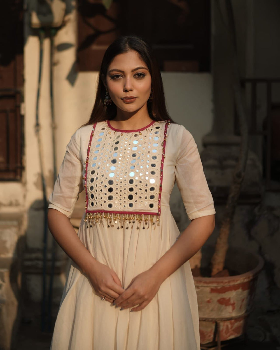 Cream Anarkali Kurta Set with Mirror Work Embroidered Yoke & Red Pants