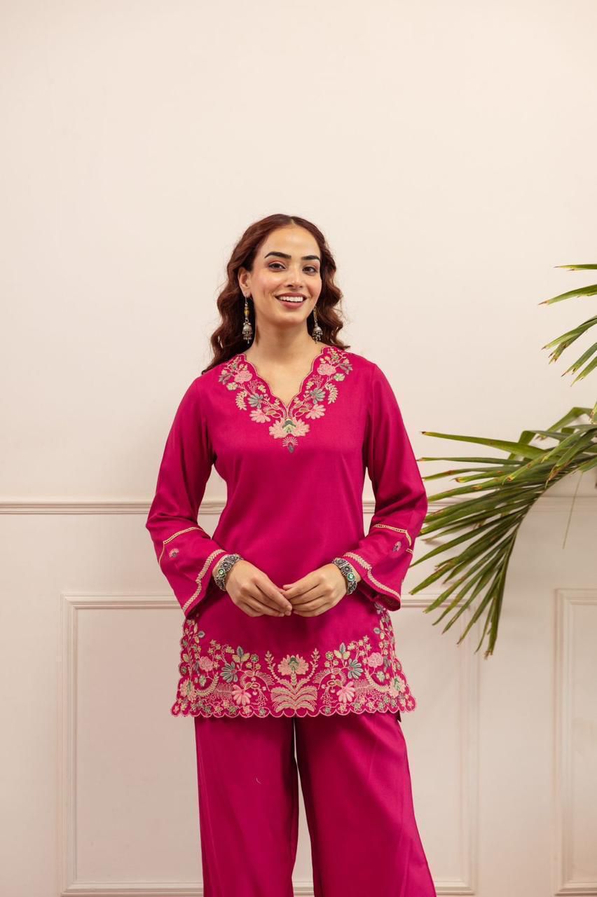 Embroidered Short Kurti with Flared Palazzo Set