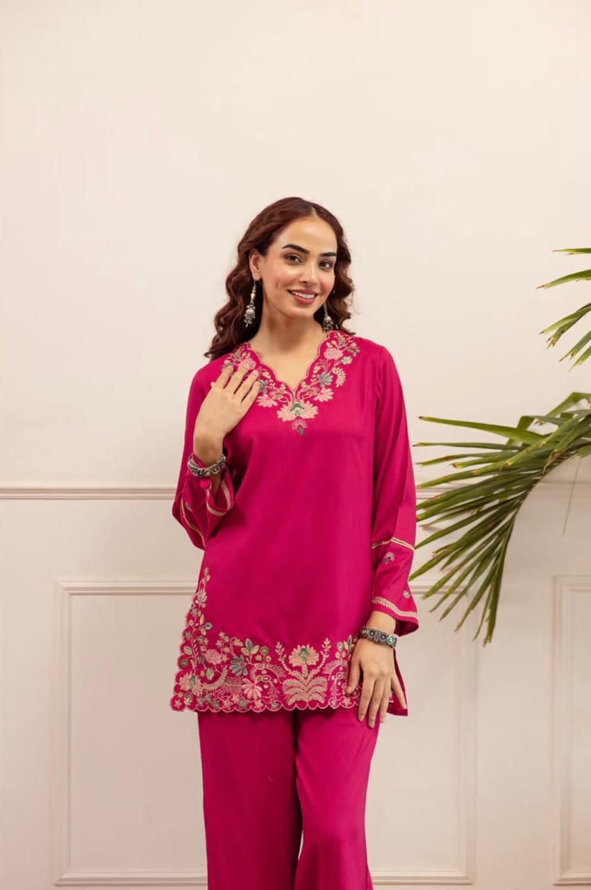 Embroidered Short Kurti with Flared Palazzo Set