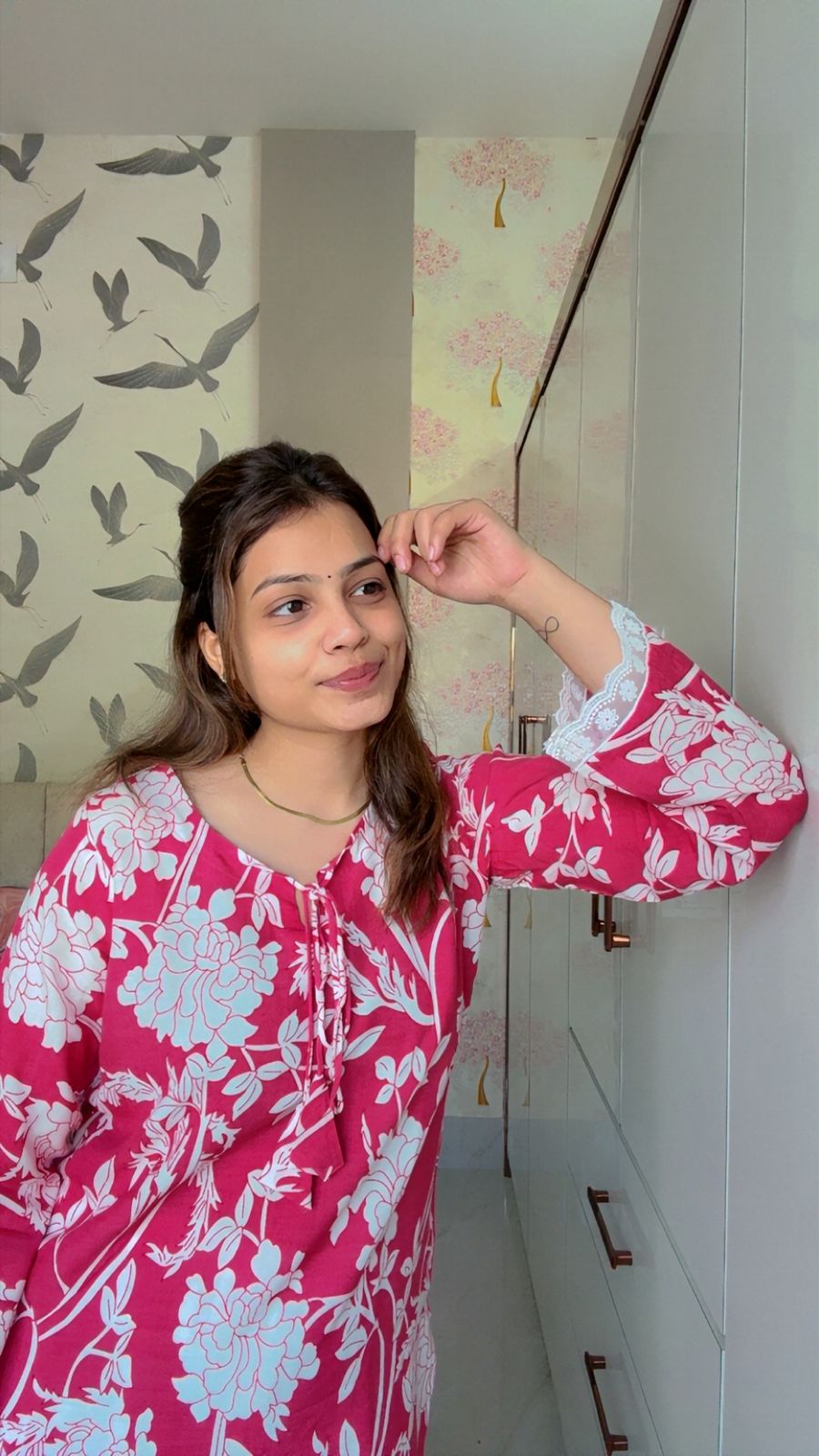 Pink Floral Printed Cotton Short Kurti with Lace Detailing