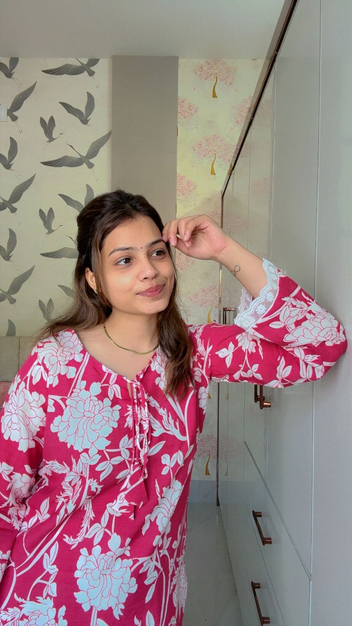 Pink Floral Printed Cotton Short Kurti with Lace Detailing