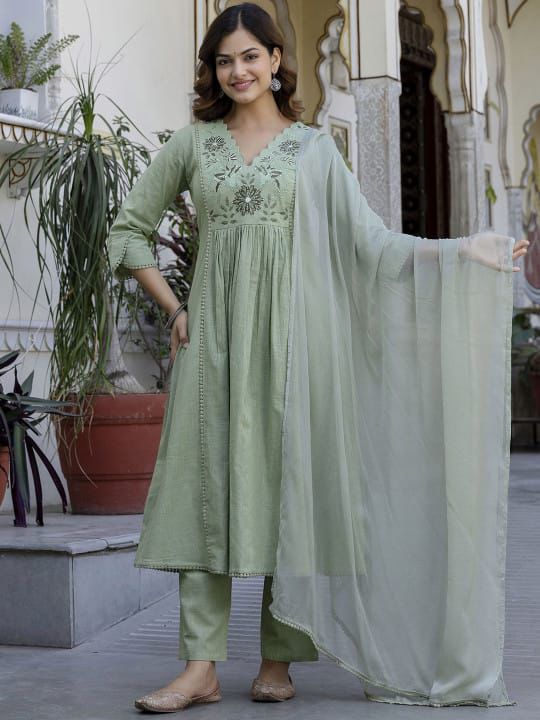 Sage Green Embroidered Kurta Set with Dupatta – Elegant Ethnic Wear for Women