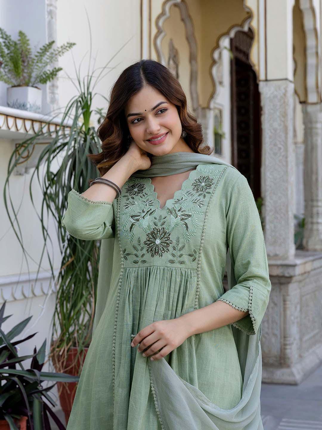 Sage Green Embroidered Kurta Set with Dupatta – Elegant Ethnic Wear for Women
