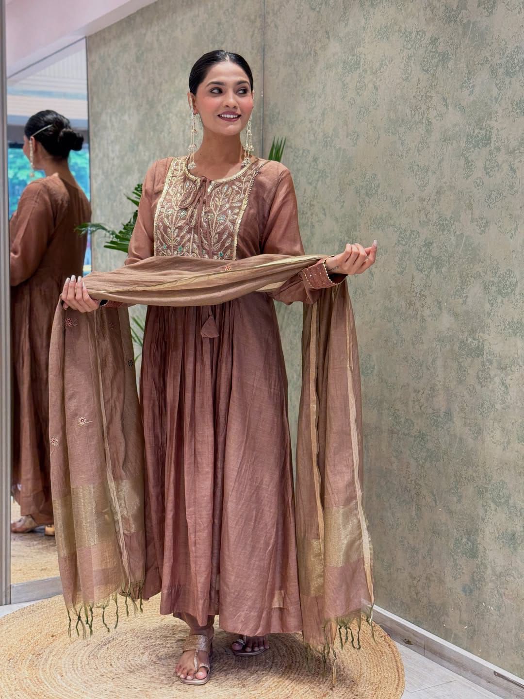 Brown Silk Anarkali Kurta Set with Embroidered Yoke & Dupatta