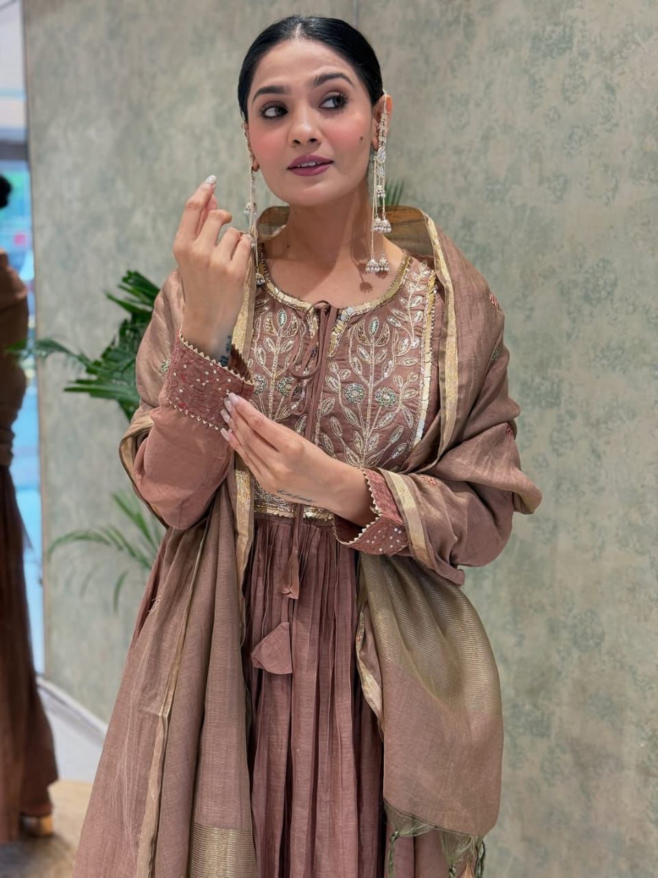 Brown Silk Anarkali Kurta Set with Embroidered Yoke & Dupatta