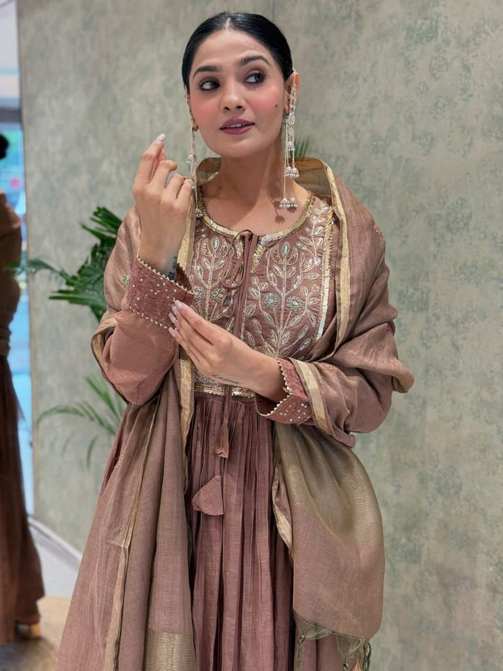 Brown Silk Anarkali Kurta Set with Embroidered Yoke & Dupatta