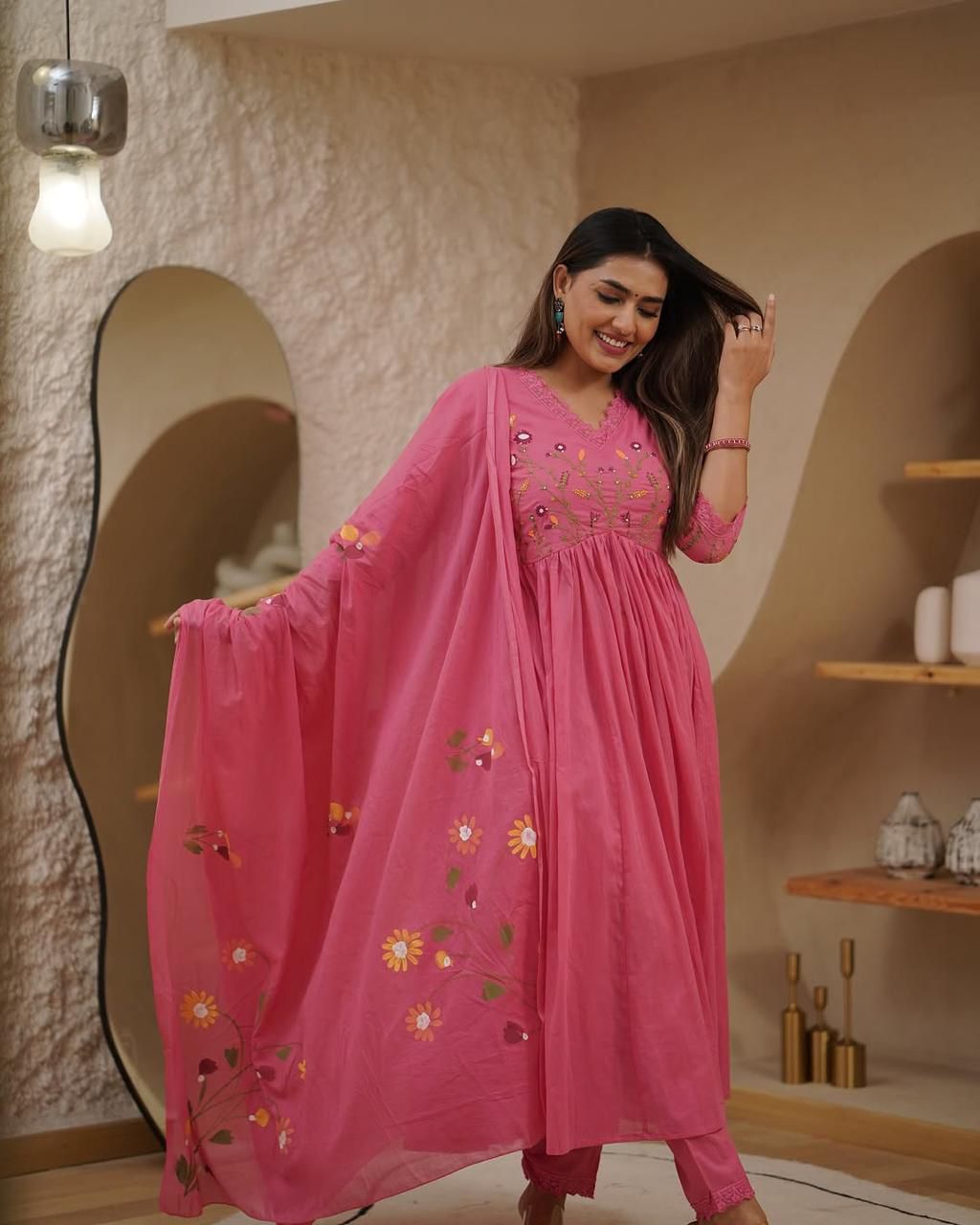 Pink Embroidered Anarkali Kurta Set with Floral Dupatta