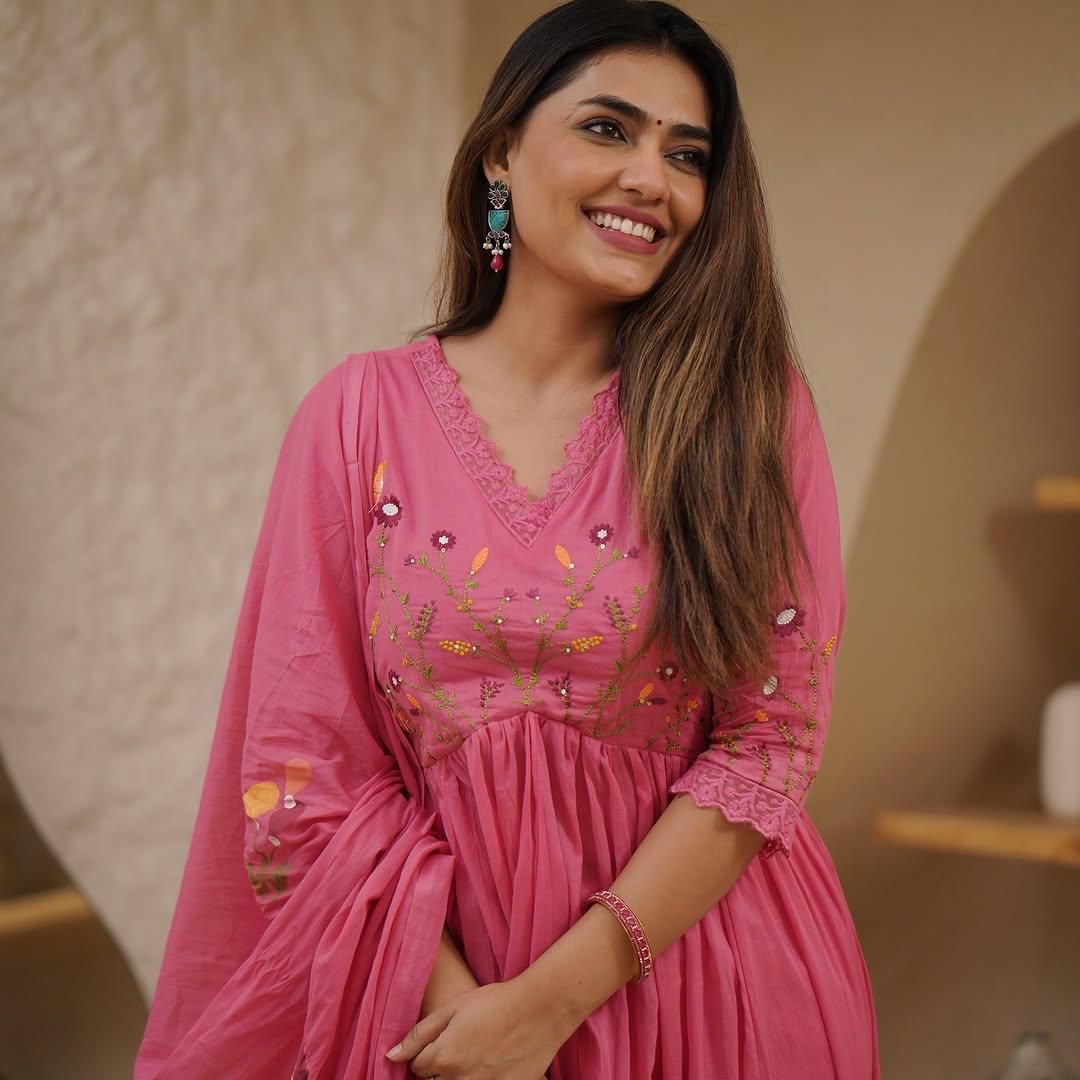 Pink Embroidered Anarkali Kurta Set with Floral Dupatta