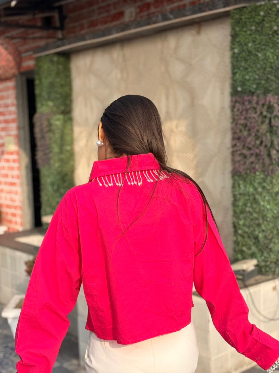 Hot Pink Women’s Designer Shirt with Lace Detail | Casual & Office Wear Shirt for Women | Rasika by Nidhi