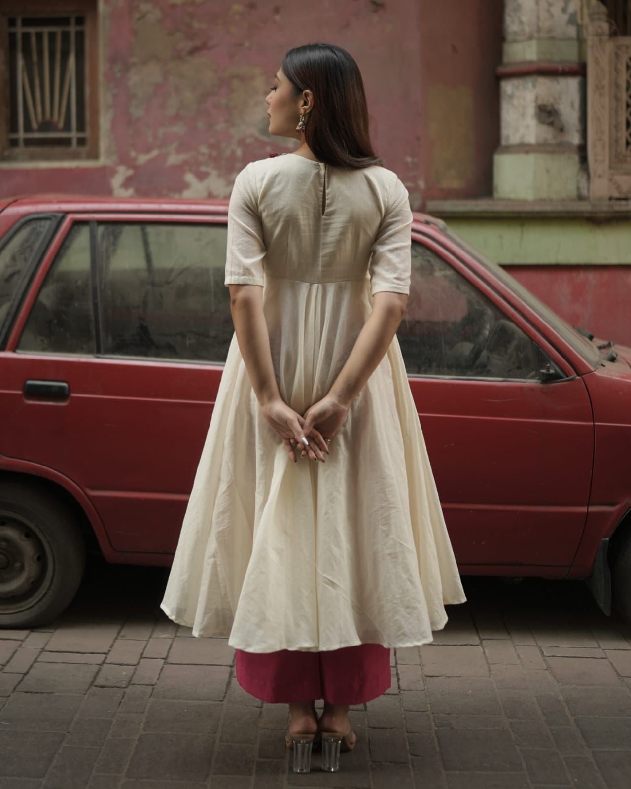 Cream Anarkali Kurta Set with Mirror Work Embroidered Yoke & Red Pants