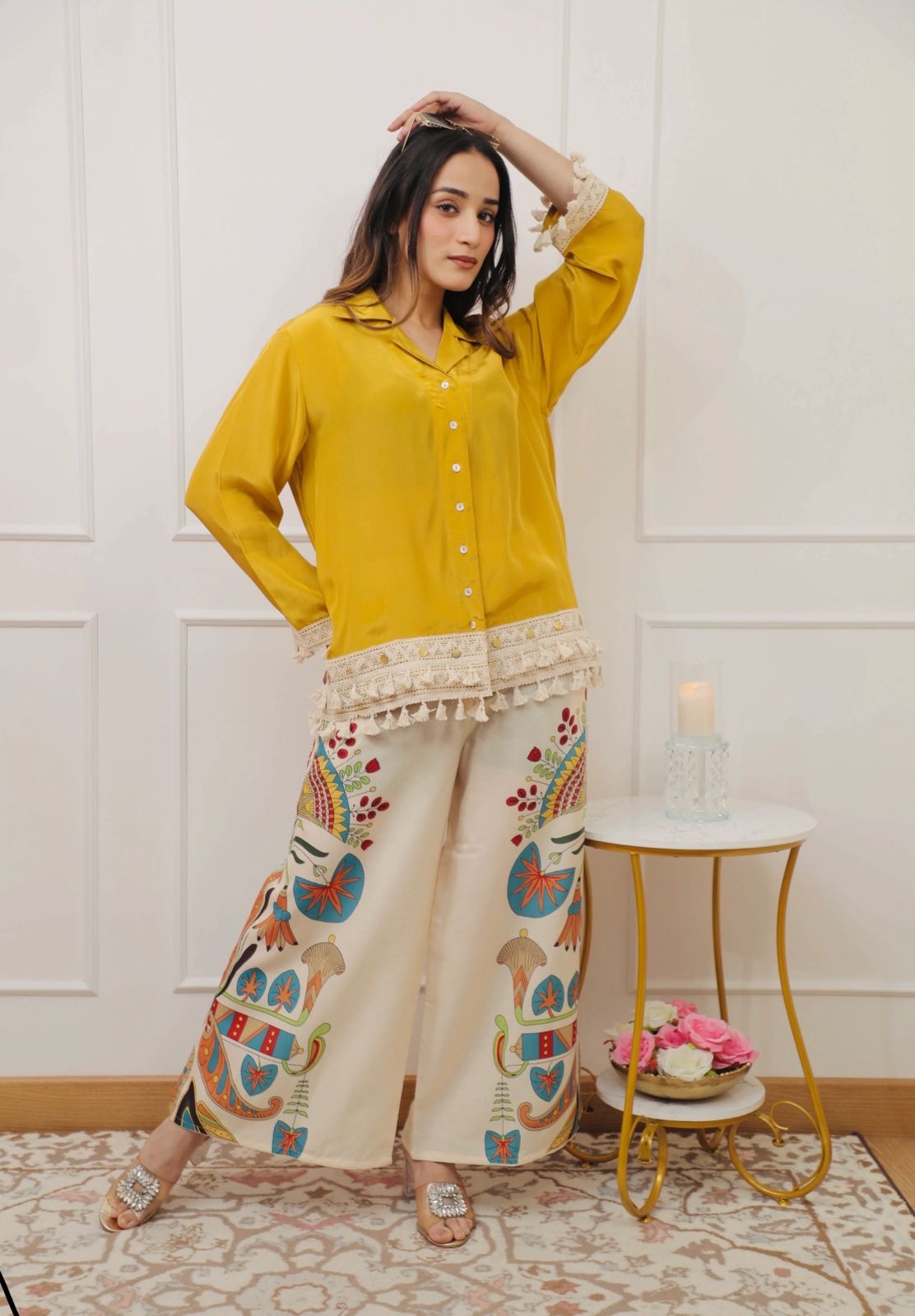 Boho Chic Yellow Shirt & Hand-Painted Wide-Leg Pants Set