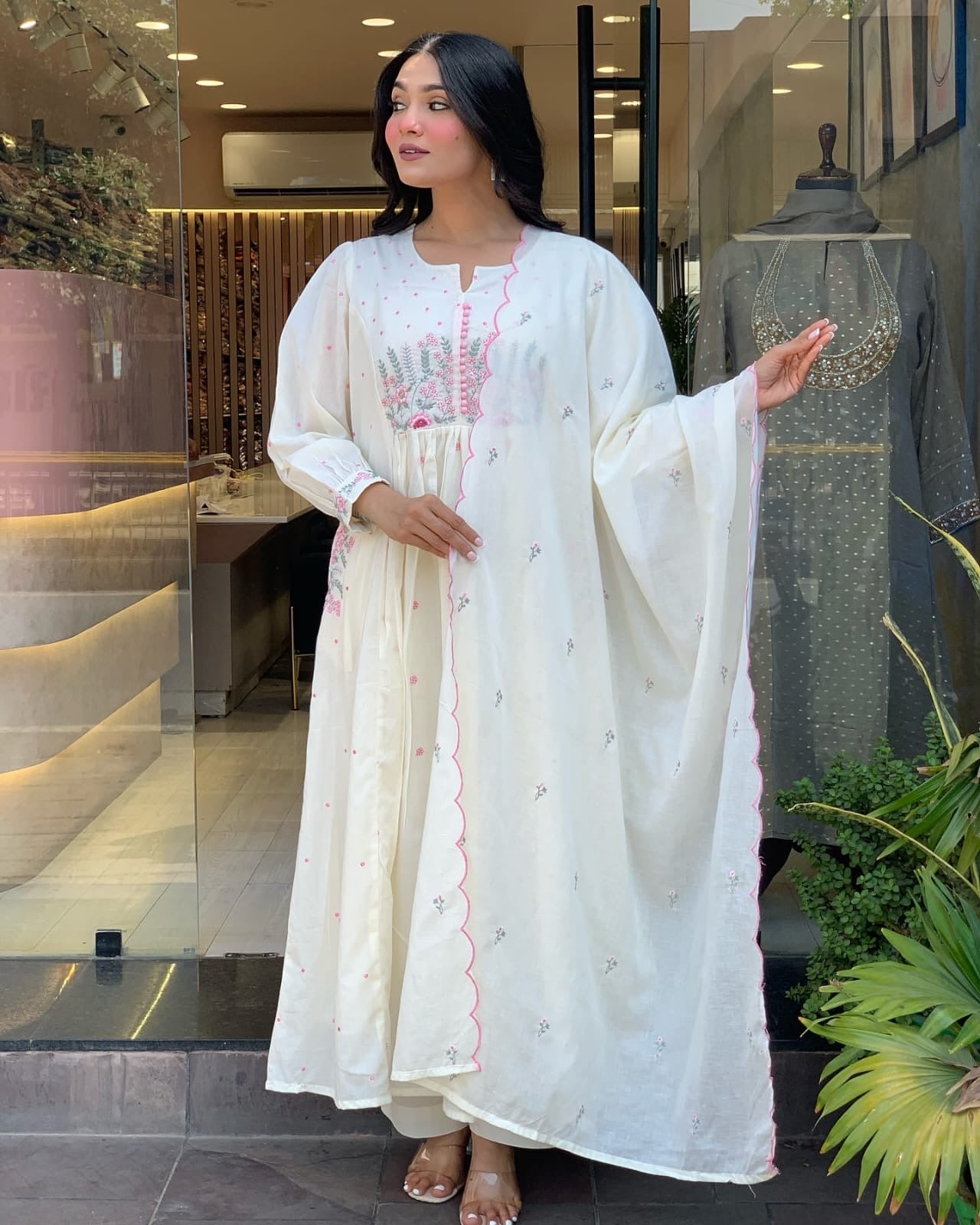 Ivory White Chikankari-Inspired Anarkali Set with Pink Thread Embroidery