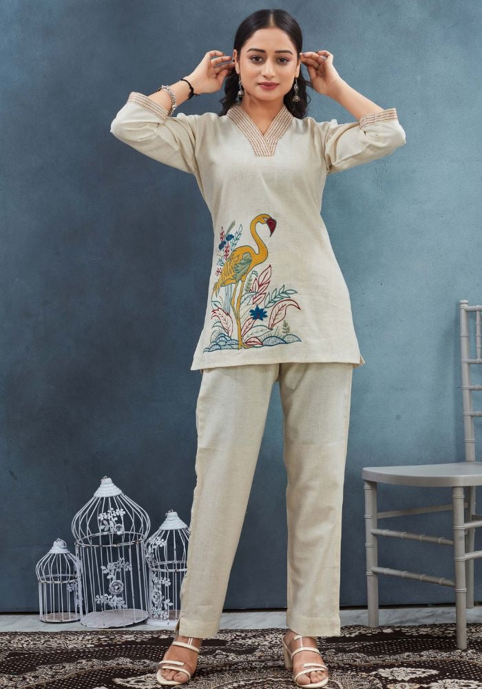 Cream Cotton Co-Ord Set with Embroidered Bird Motif