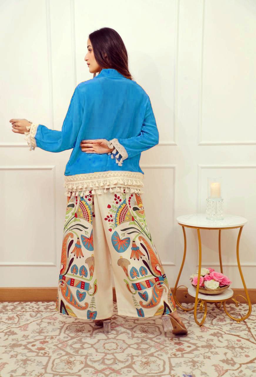 Boho Chic Blue Shirt & Hand-Painted Wide-Leg Pants Set