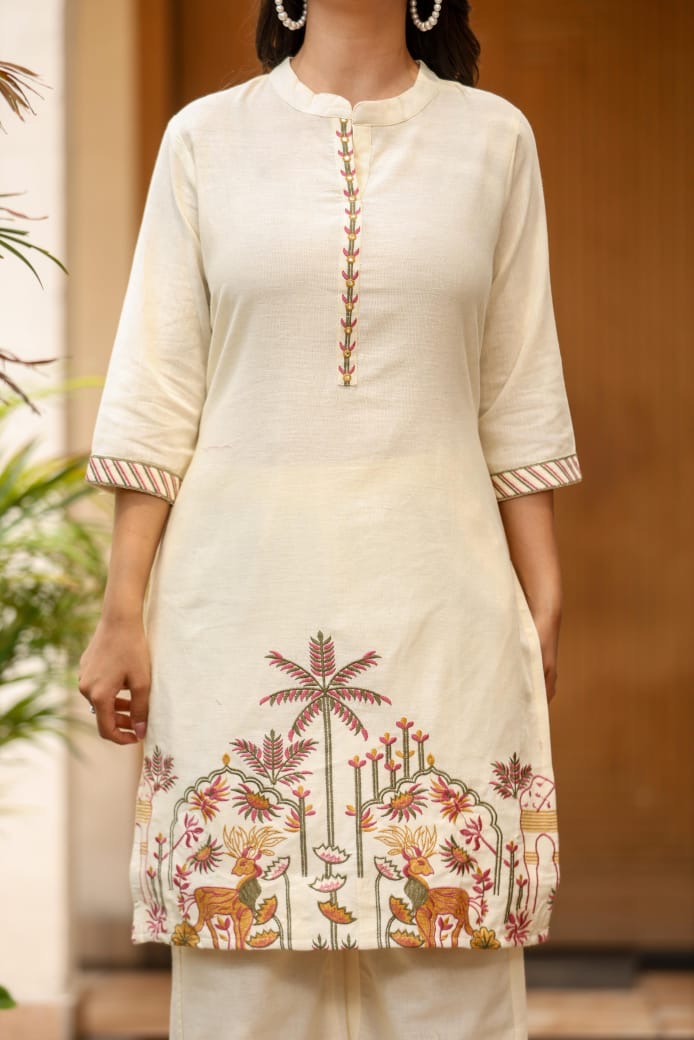 Beige Scenic Embroidered Kurta Set with Wide-Leg Pants
