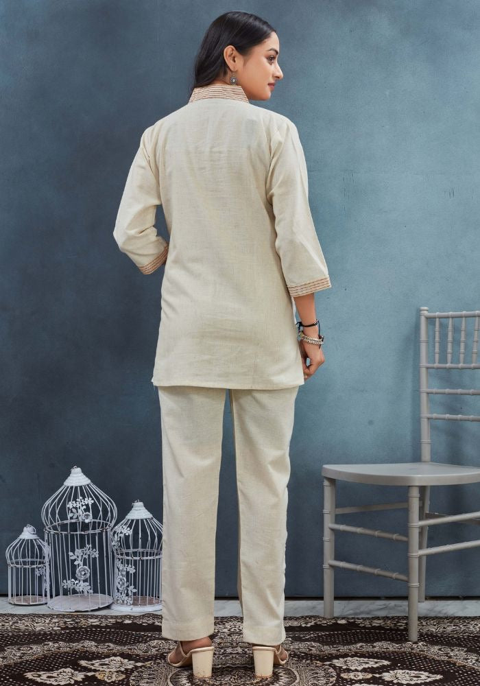 Cream Cotton Co-Ord Set with Embroidered Bird Motif