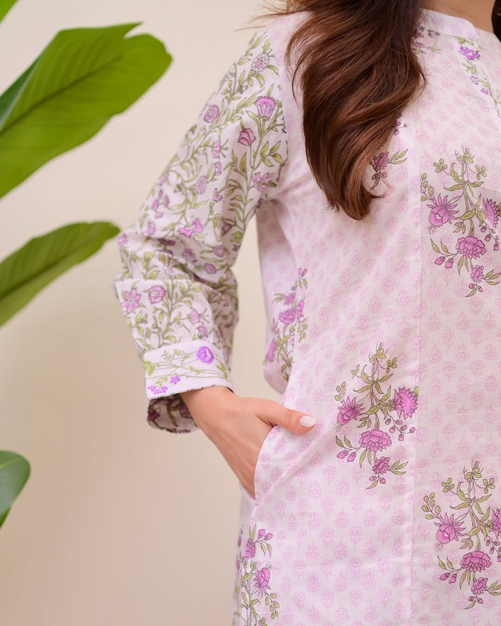 Lavender Floral Printed White Cotton Suit Set with Dupatta