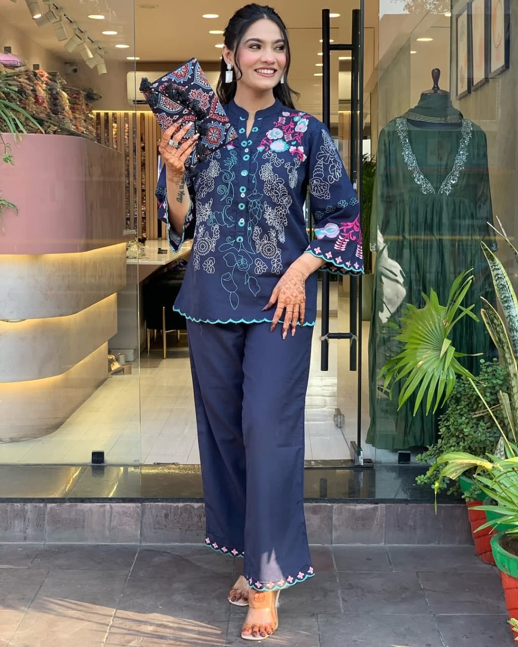 Navy Blue Floral Thread Embroidered Co-Ord Set