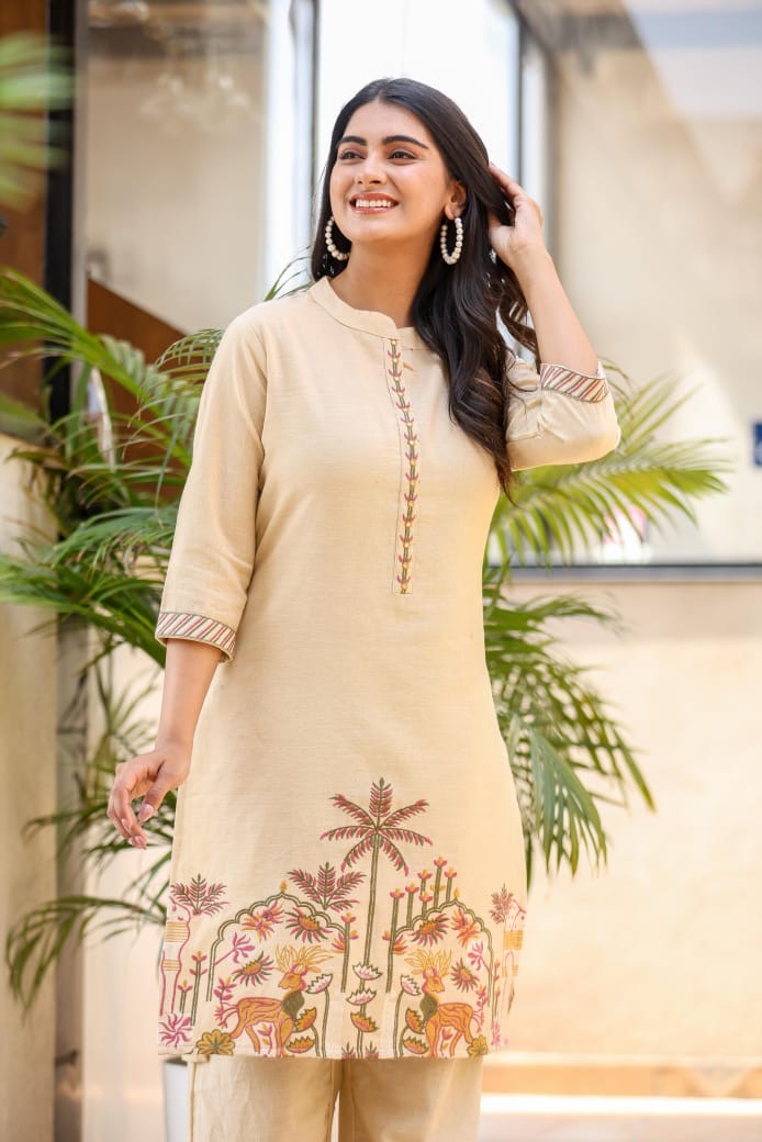 Beige Scenic Embroidered Kurta Set with Wide-Leg Pants
