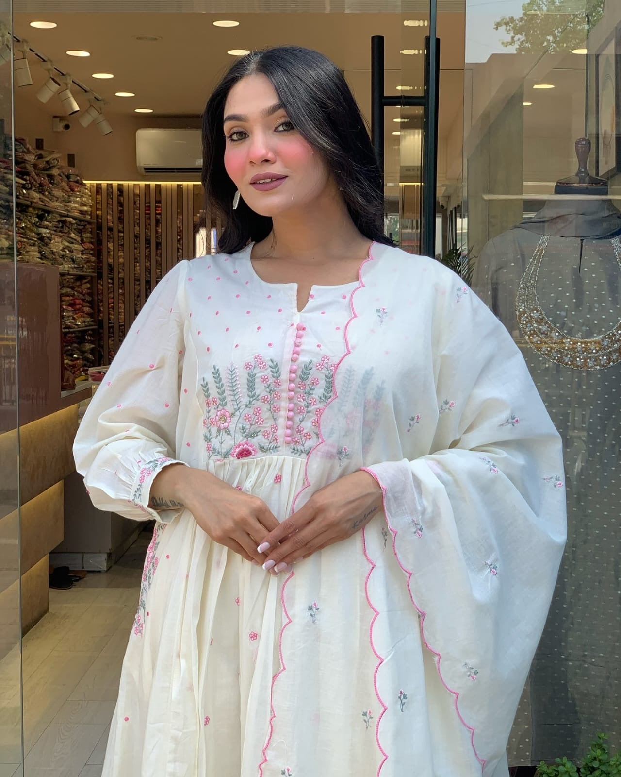 Ivory White Chikankari-Inspired Anarkali Set with Pink Thread Embroidery
