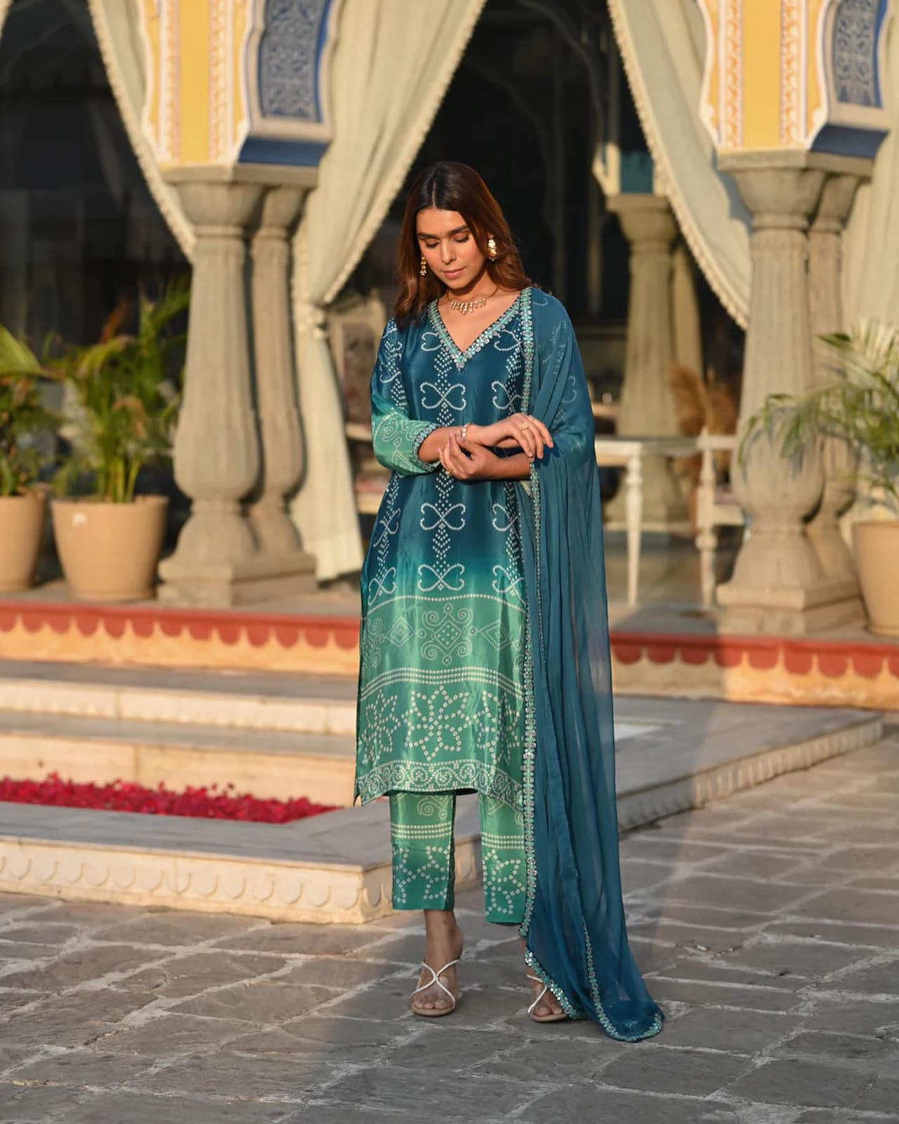 Crimson Bandhani-Print Suit Set – Timeless Ethnic Elegance